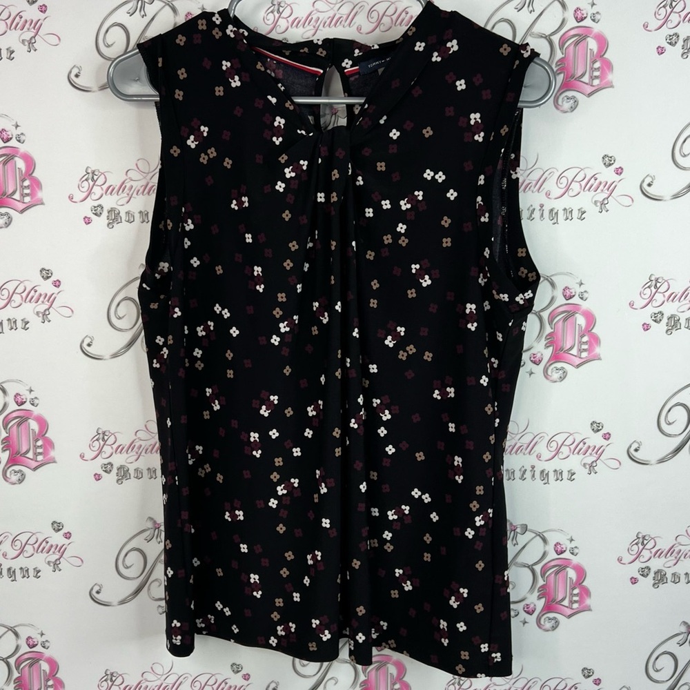 Tommy Hilfiger tank top flowers polka dot Black Sleeveless Top with Pattern